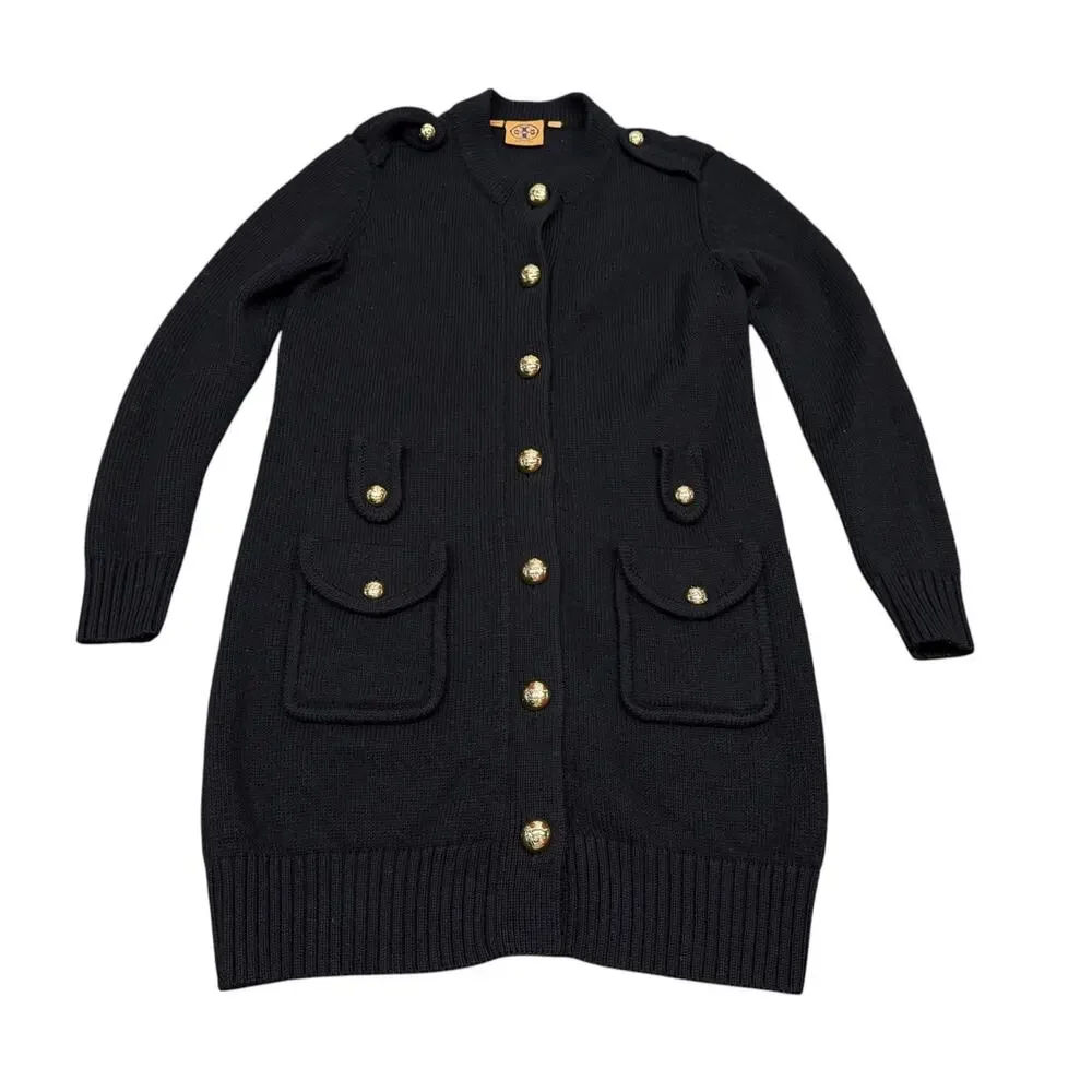 Tory Burch Long 100% Wool Cardigan Coat XL Black Gold Logo Buttons